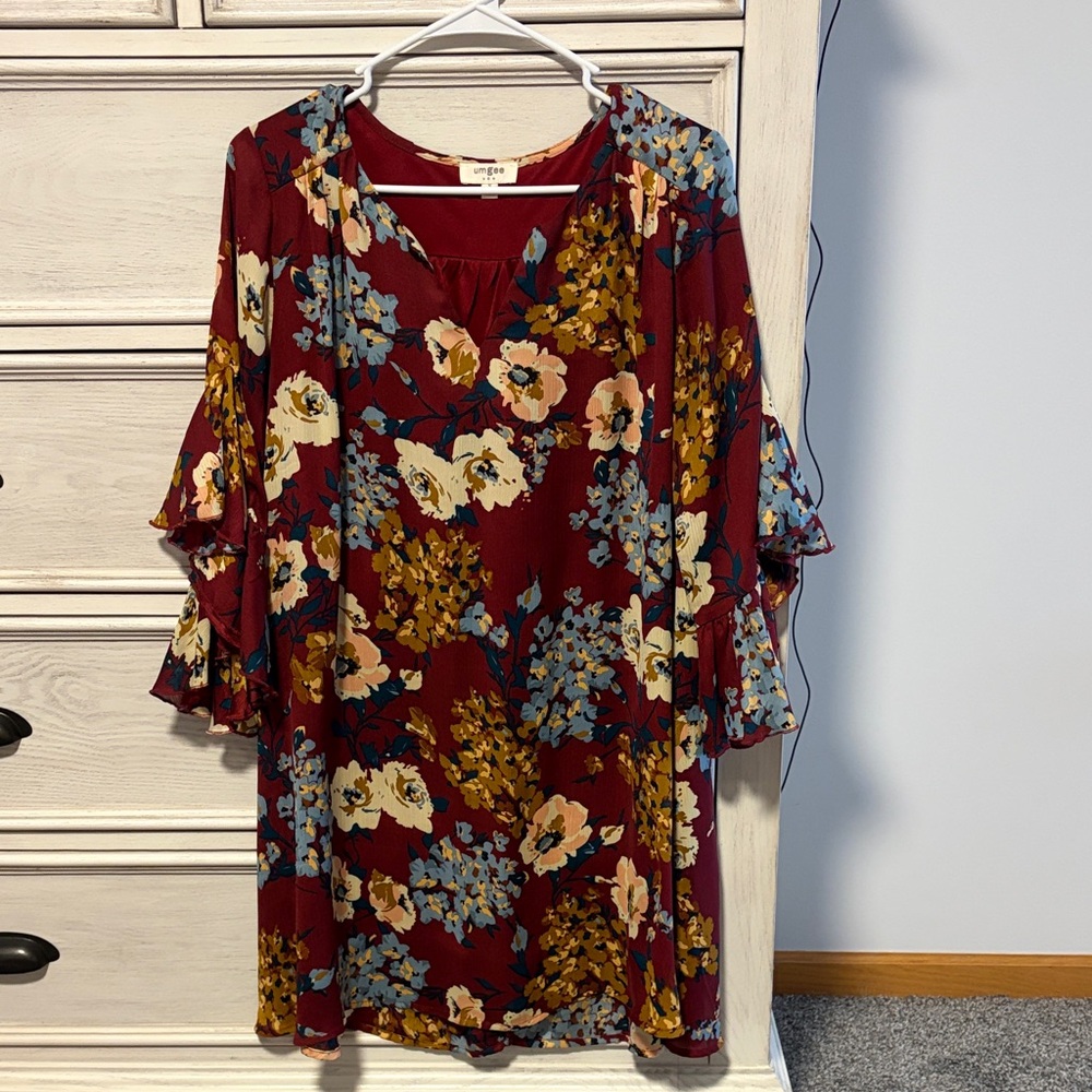 Umgee Burgundy Floral Long Sleeve Dress